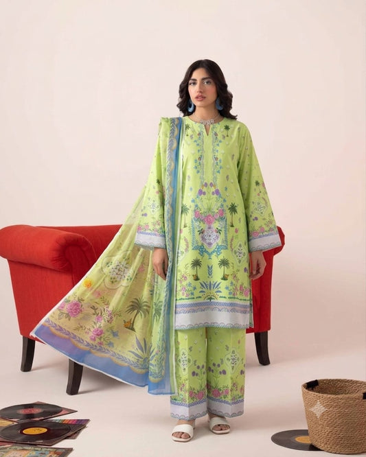 Premium Swiss Lawn 3-Piece Oasis Printed Suit with Dupatta – Lime Green & Powder Blue