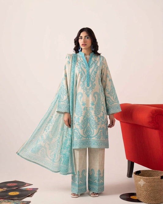 Premium Swiss Lawn 3-Piece Baroque Paisley Printed Suit – Ivory & Turquoise