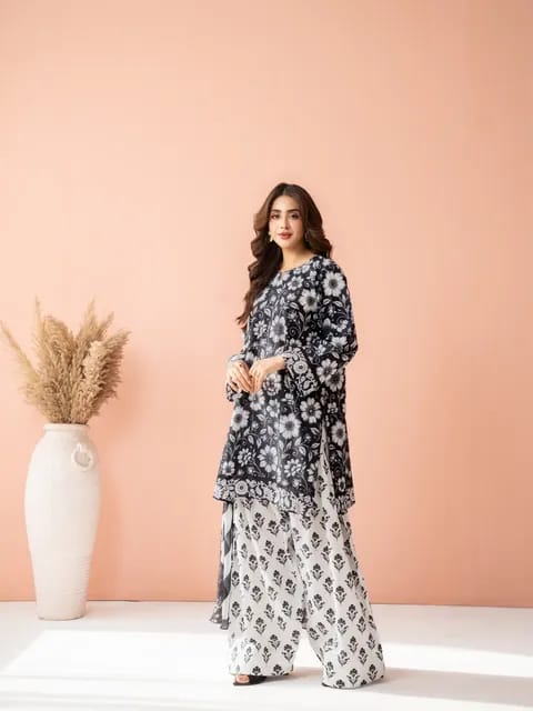 Premium Swiss Lawn 3-Piece Monochrome Printed Kurti & Farshi Shalwar– Classic Black & White