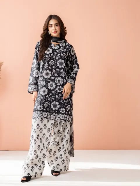 Premium Swiss Lawn 3-Piece Monochrome Printed Kurti & Farshi Shalwar– Classic Black & White