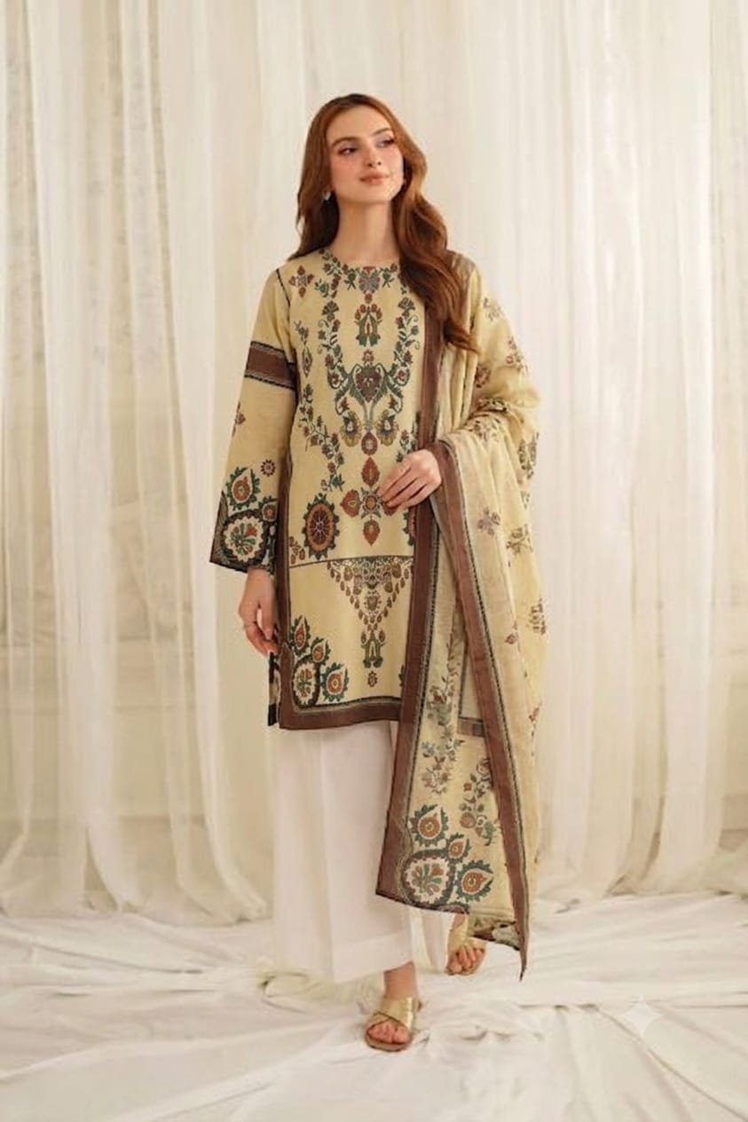 Premium Swiss Lawn 3-Piece Ethnic Printed Kurti & Farshi Shalwar – Cream Beige & Rust