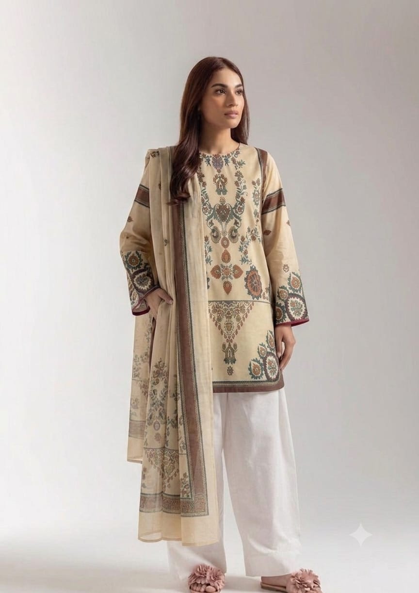 Premium Swiss Lawn 3-Piece Ethnic Printed Kurti & Farshi Shalwar – Cream Beige & Rust