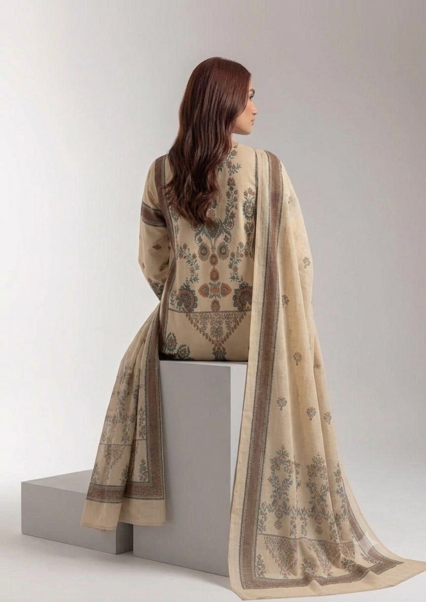 Premium Swiss Lawn 3-Piece Ethnic Printed Kurti & Farshi Shalwar – Cream Beige & Rust