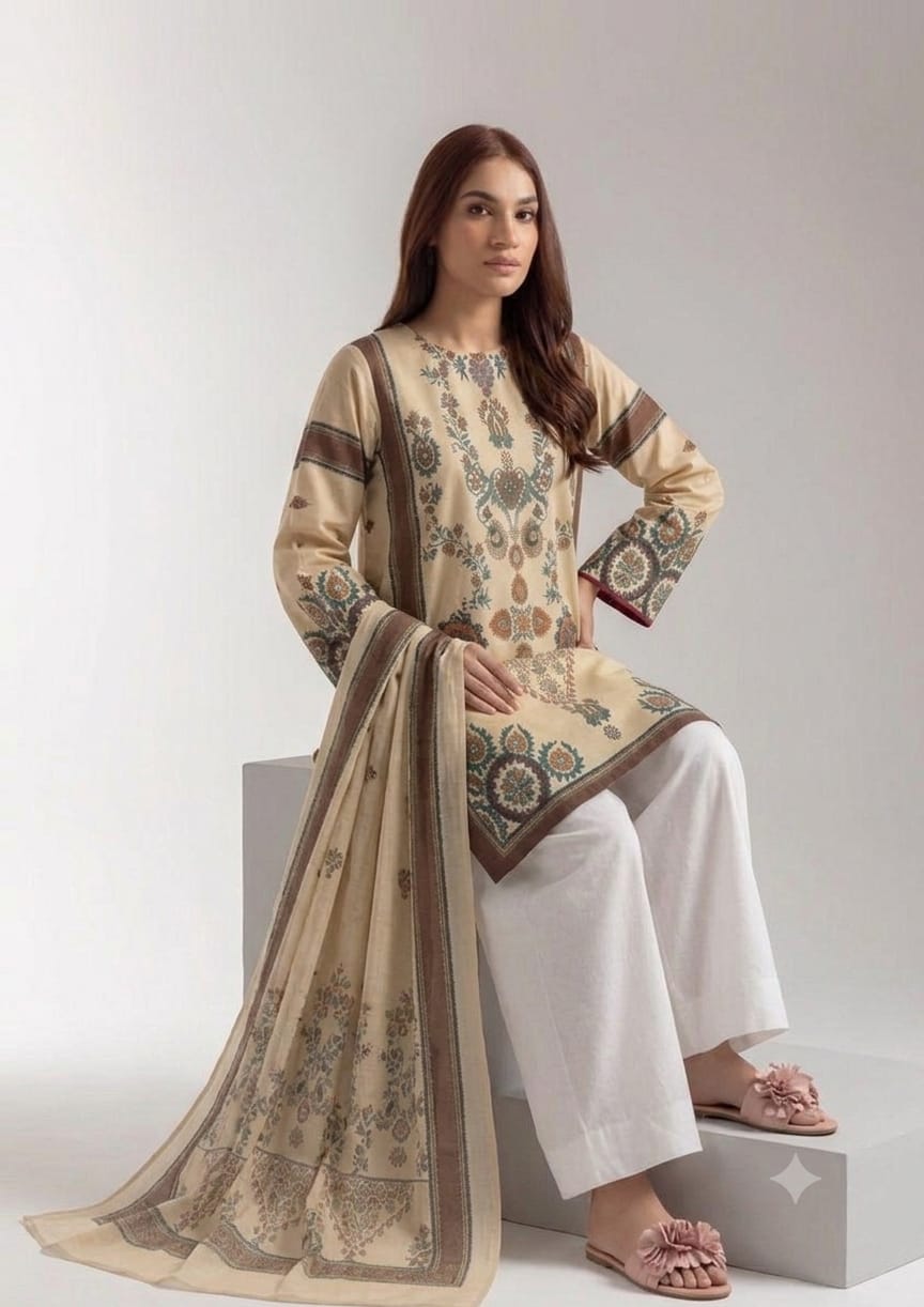 Premium Swiss Lawn 3-Piece Ethnic Printed Kurti & Farshi Shalwar – Cream Beige & Rust