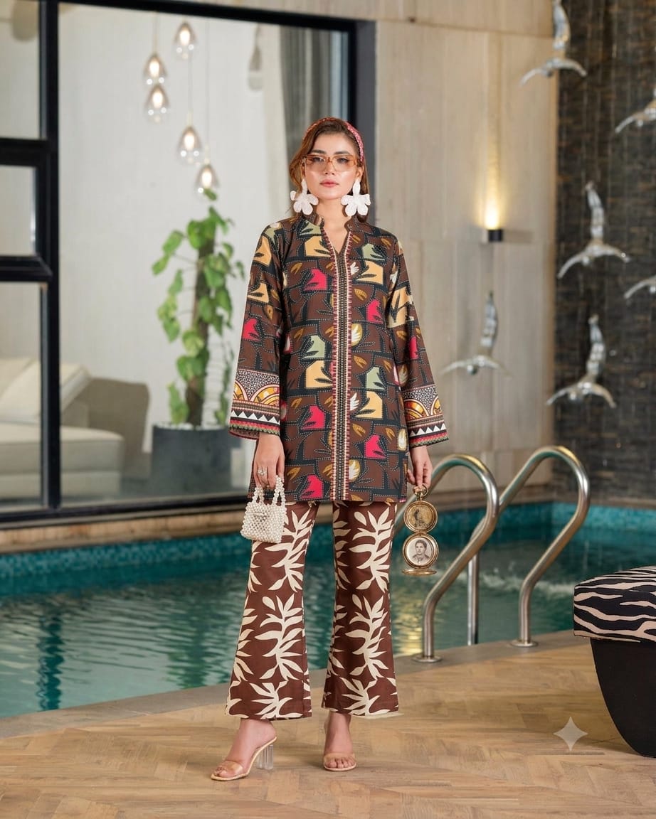 Premium Swiss Lawn 3-Piece Abstract & Botanical Printed Kurti & Farshi Shalwar– Chocolate Brown
