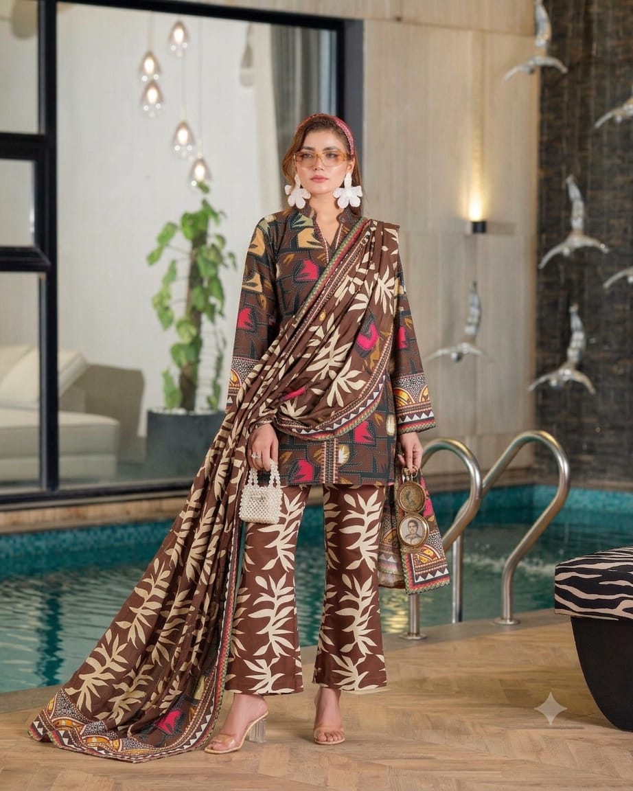 Premium Swiss Lawn 3-Piece Abstract & Botanical Printed Kurti & Farshi Shalwar– Chocolate Brown