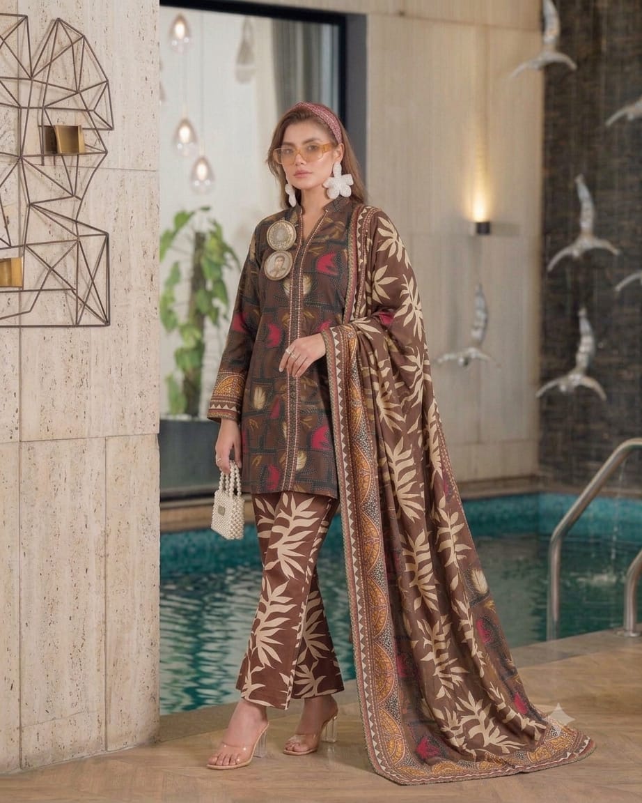 Premium Swiss Lawn 3-Piece Abstract & Botanical Printed Kurti & Farshi Shalwar– Chocolate Brown