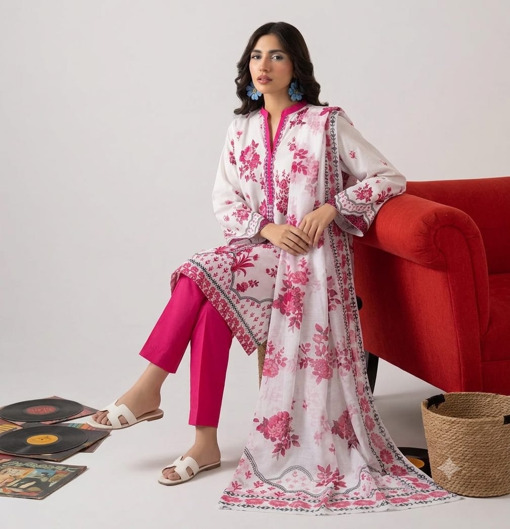 Off-White & Fuchsia Floral Printed Lawn Suit with Dupatta – 3 Piece