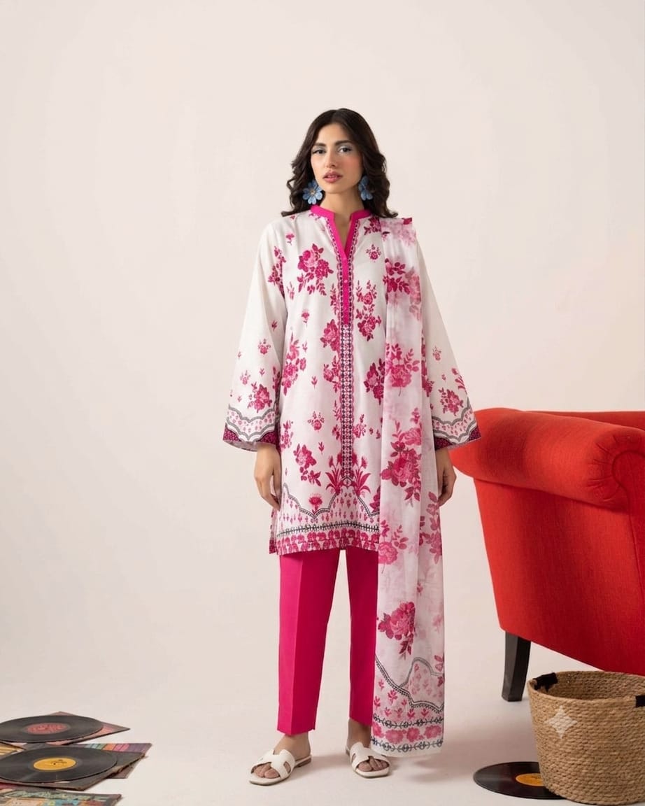 Off-White & Fuchsia Floral Printed Lawn Suit with Dupatta – 3 Piece