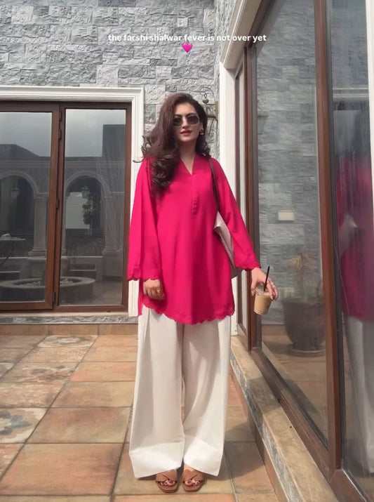 Fuchsia Solid Embroidered Tunic with Farshi Shalwar – 2 Piece