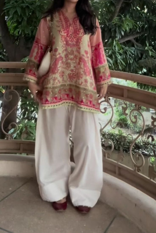 Peach & Pink Printed Lawn Kurti with White Farshi– 2 Piece