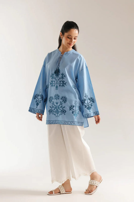 Sky Blue Cross-Stitch Embroidered Tunic with -White Farshi– 2 Piece