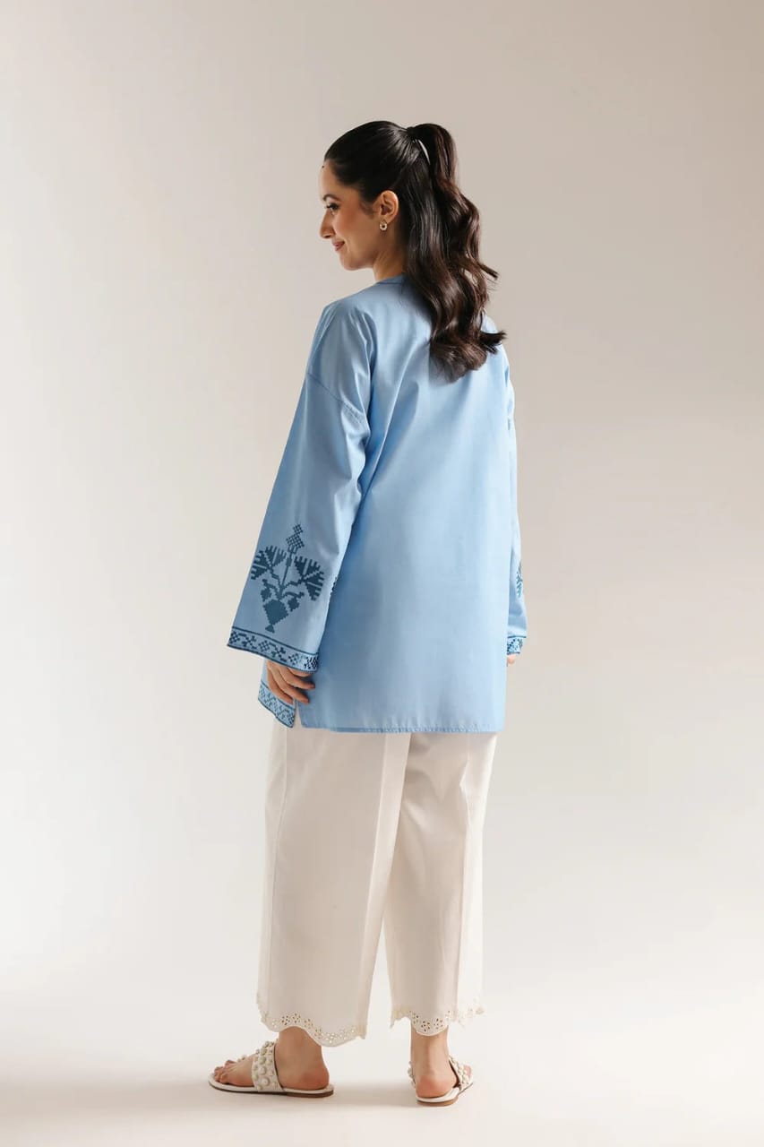 Sky Blue Cross-Stitch Embroidered Tunic with -White Farshi– 2 Piece