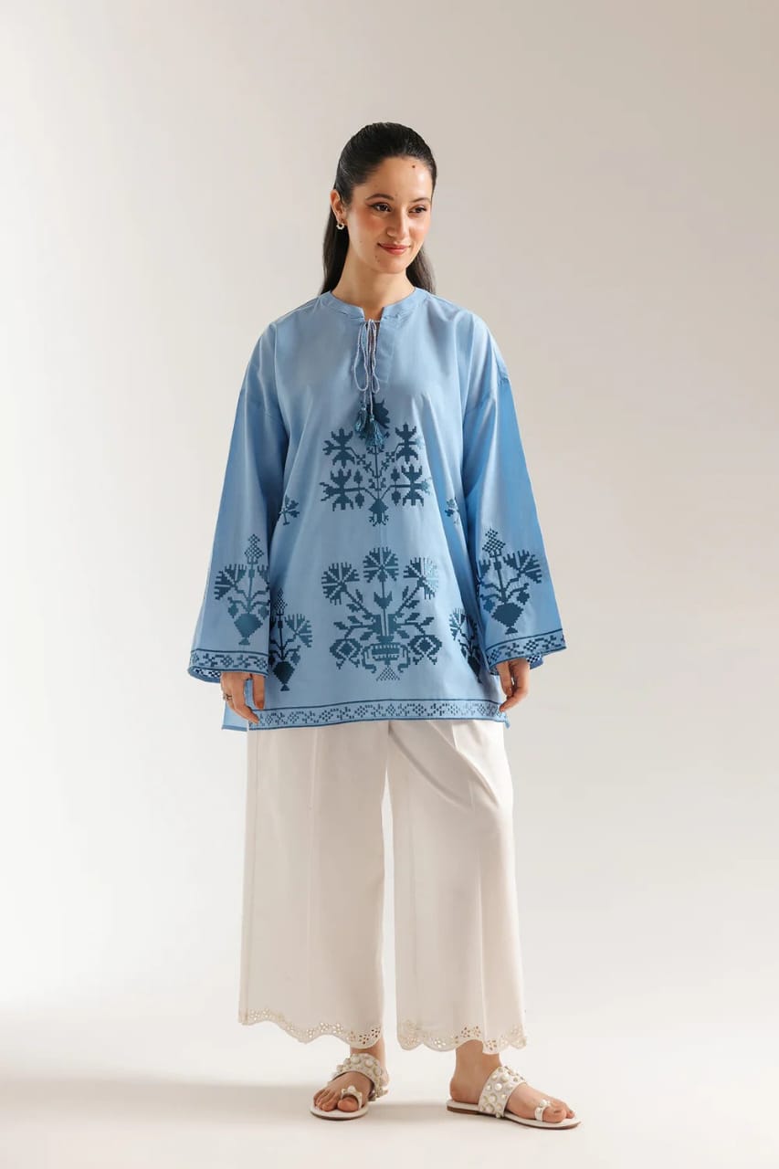 Sky Blue Cross-Stitch Embroidered Tunic with -White Farshi– 2 Piece