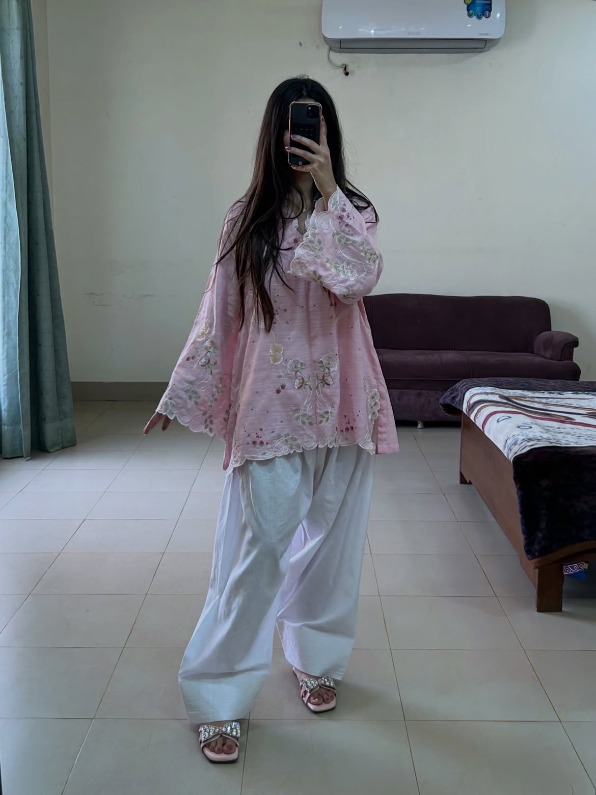 Blush Pink Scalloped Floral Tunic with White Farshi Shalwar – 2 Piece