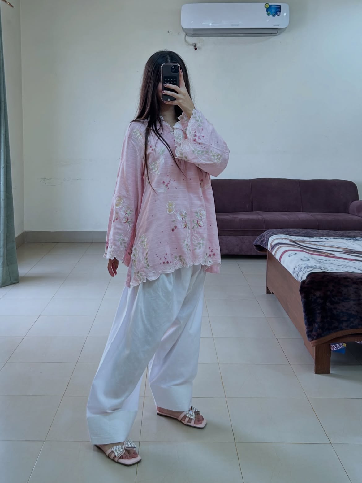 Blush Pink Scalloped Floral Tunic with White Farshi Shalwar – 2 Piece