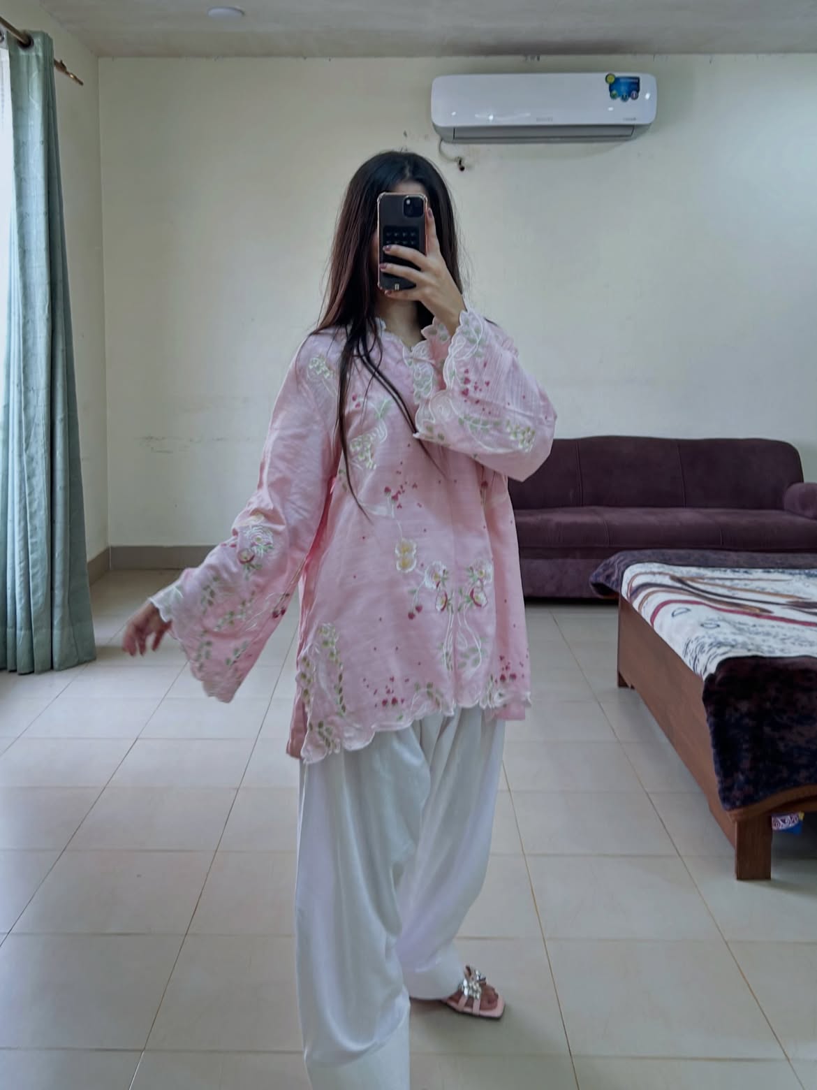 Blush Pink Scalloped Floral Tunic with White Farshi Shalwar – 2 Piece