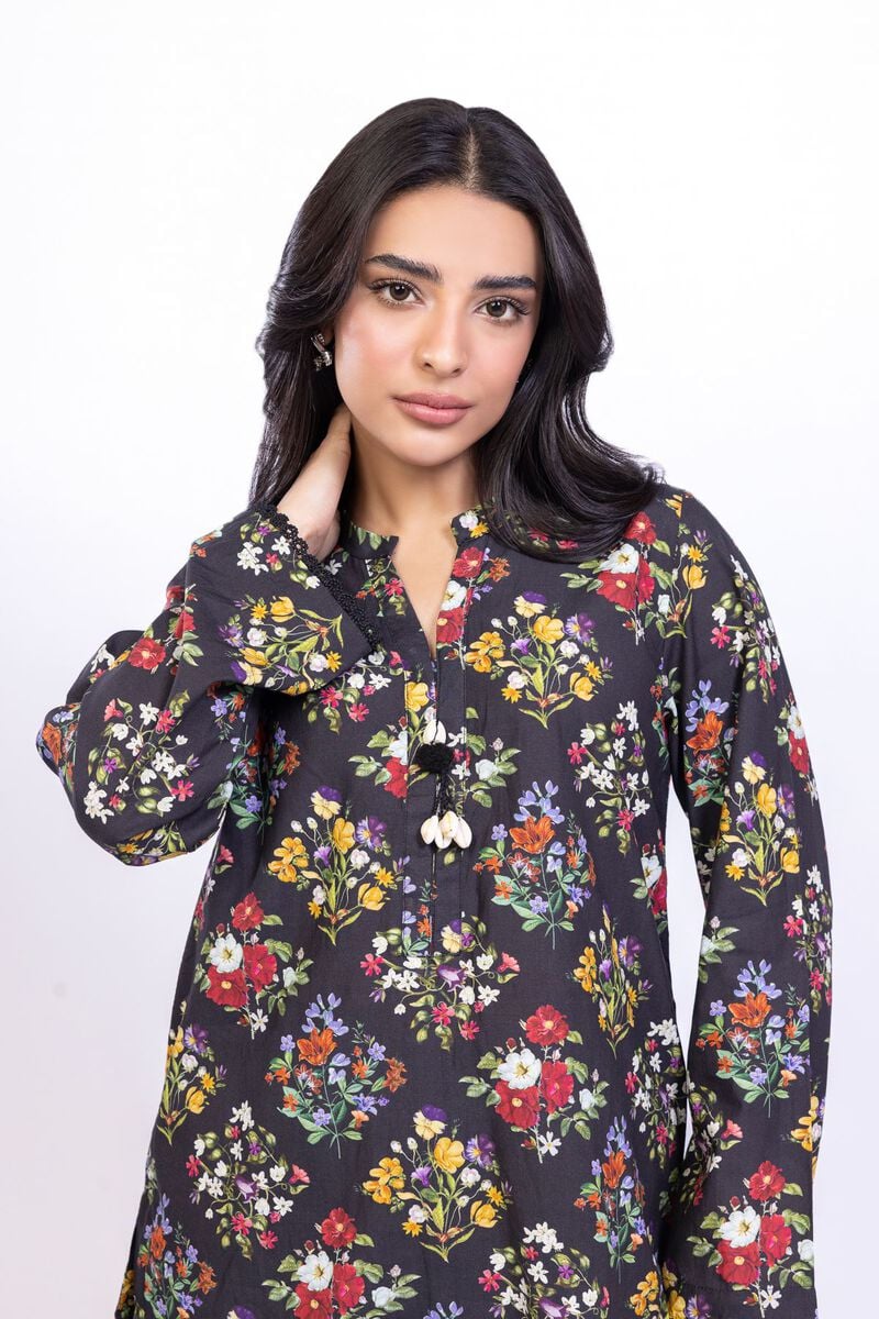 Charcoal Black Floral Printed Lawn Kurti with White Farshi Shalwar– 2 Piece