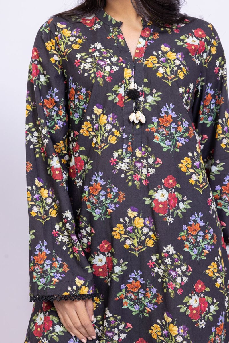 Charcoal Black Floral Printed Lawn Kurti with White Farshi Shalwar– 2 Piece