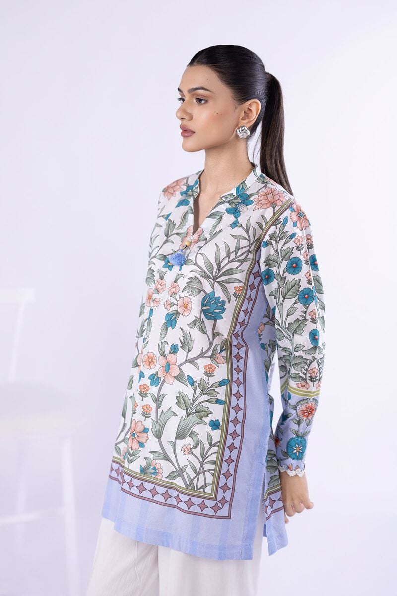 Pastel Floral Printed Lawn Tunic with Schiffli Farshi Shalwar – 2 Piece