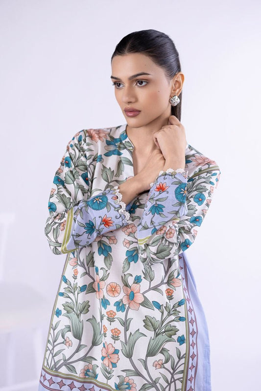 Pastel Floral Printed Lawn Tunic with Schiffli Farshi Shalwar – 2 Piece
