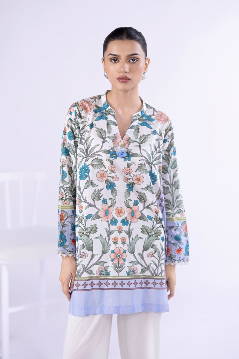 Pastel Floral Printed Lawn Tunic with Schiffli Farshi Shalwar – 2 Piece