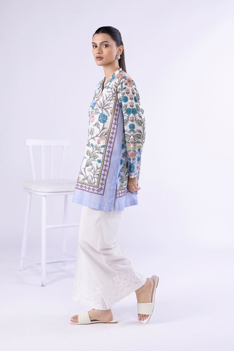 Pastel Floral Printed Lawn Tunic with Schiffli Farshi Shalwar – 2 Piece