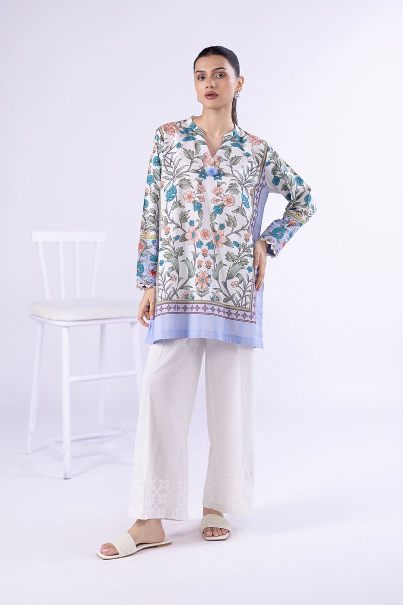 Pastel Floral Printed Lawn Tunic with Schiffli Farshi Shalwar – 2 Piece