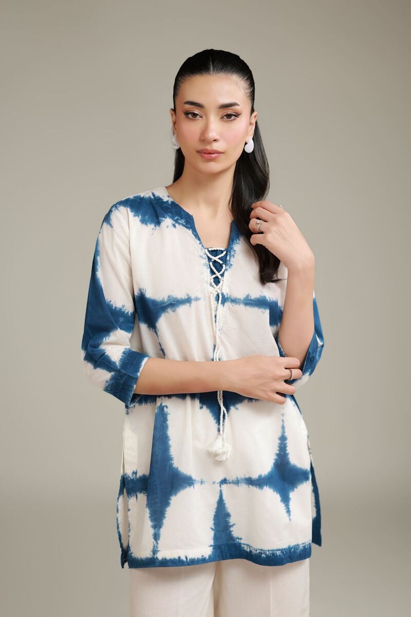Indigo Tie & Dye Printed Tunic with Farshi Shalwar – 2 Piece