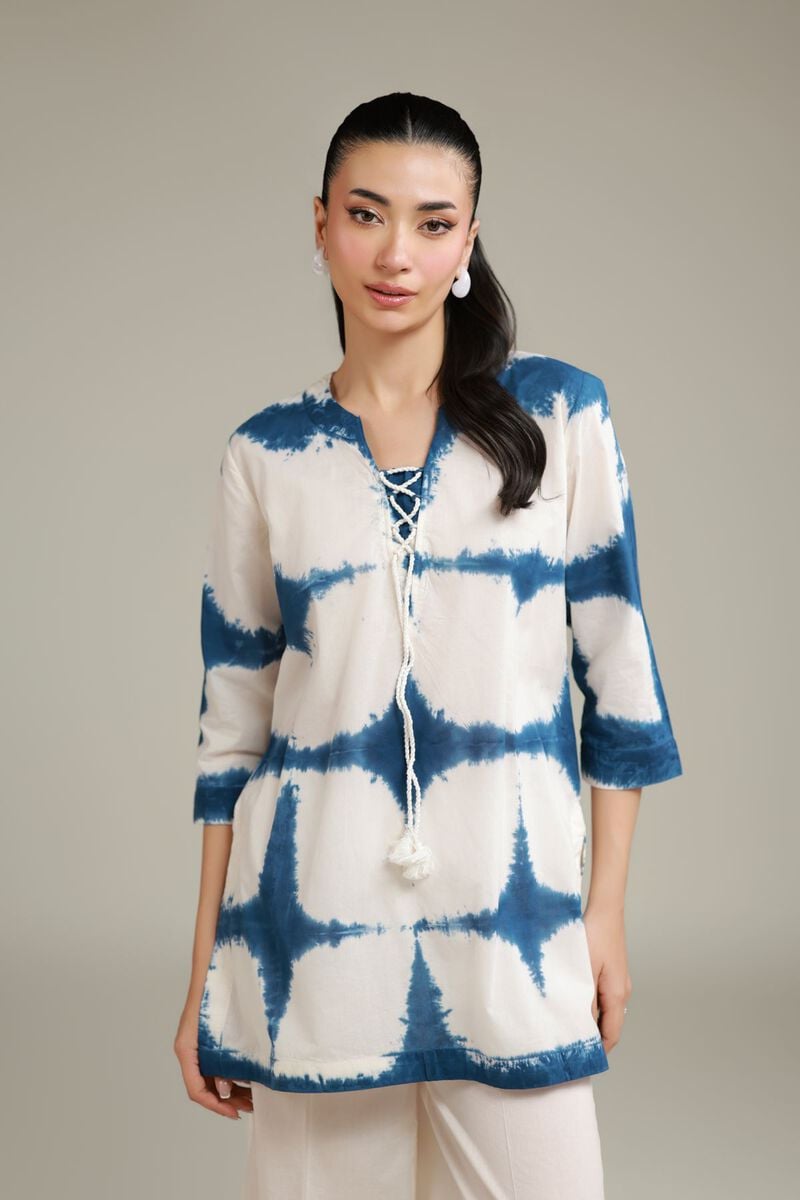 Indigo Tie & Dye Printed Tunic with Farshi Shalwar – 2 Piece
