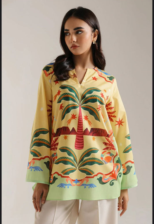 Tropical Palm Printed Lawn Tunic with Farshi Shalwar – 2 Piece