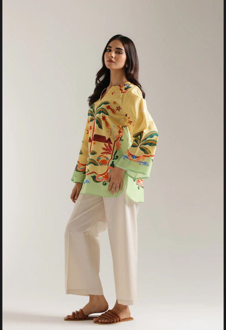 Tropical Palm Printed Lawn Tunic with Farshi Shalwar – 2 Piece