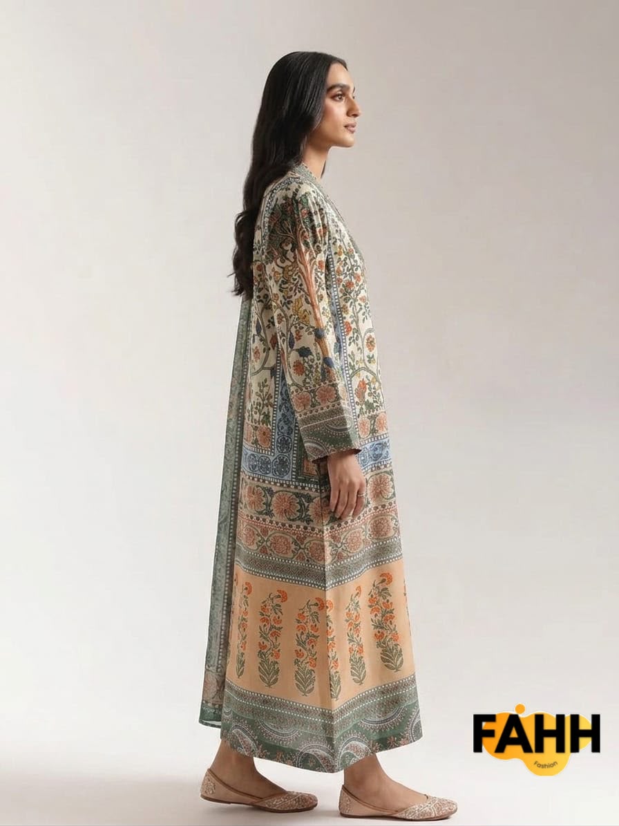 Beige & Sage Green Vintage Kalamkari Printed Long Lawn Frock with Dupatta – 3 Piece