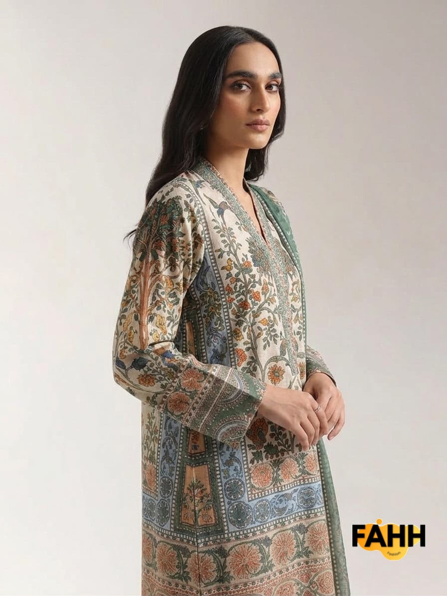 Beige & Sage Green Vintage Kalamkari Printed Long Lawn Frock with Dupatta – 3 Piece