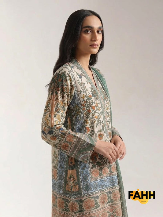 Beige & Sage Green Vintage Kalamkari Printed Long Lawn Frock with Dupatta – 3 Piece