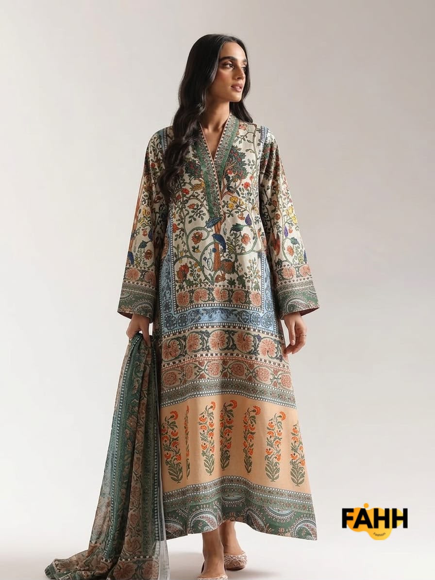 Beige & Sage Green Vintage Kalamkari Printed Long Lawn Frock with Dupatta – 3 Piece