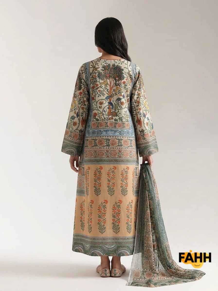 Beige & Sage Green Vintage Kalamkari Printed Long Lawn Frock with Dupatta – 3 Piece