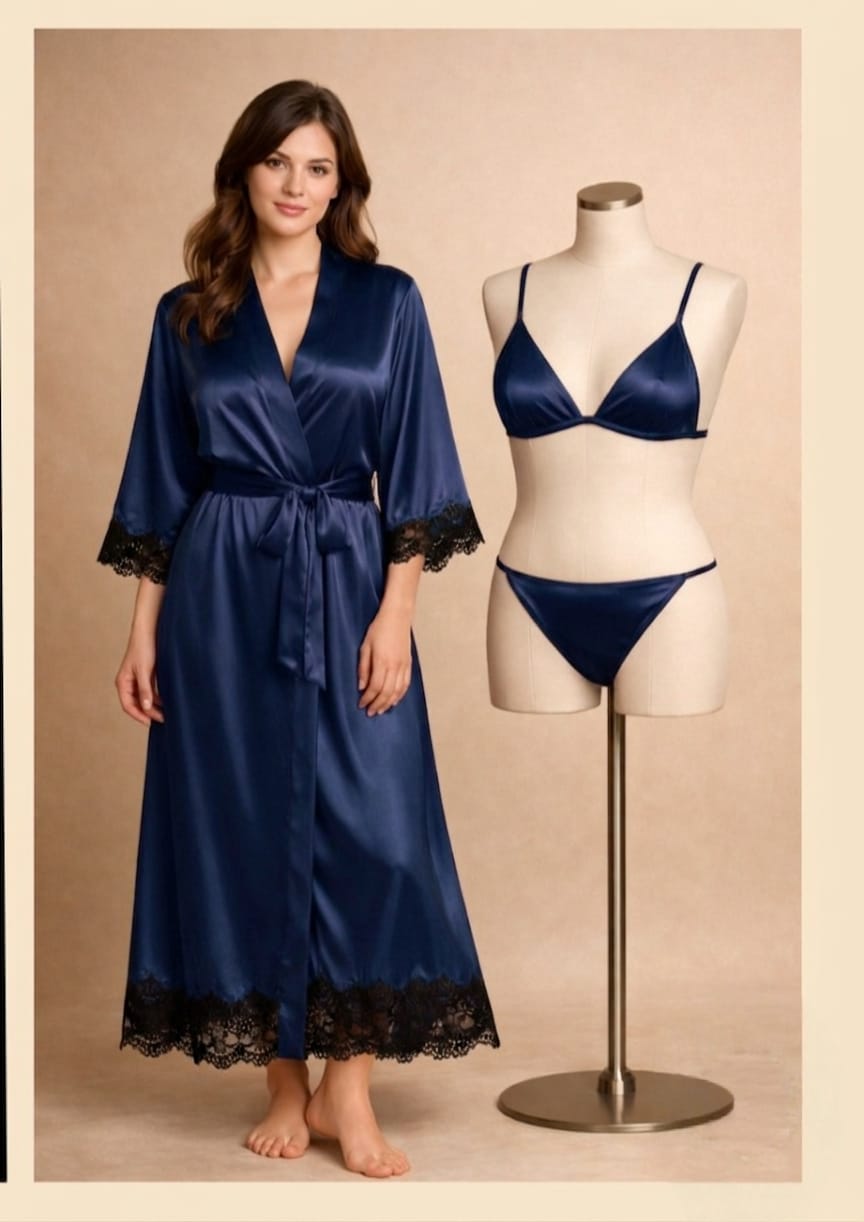 Luxury Satin Silk 3-Piece Nightwear & Robe Set with Delicate Lace Trim