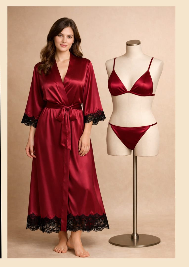 Luxury Satin Silk 3-Piece Nightwear & Robe Set with Delicate Lace Trim