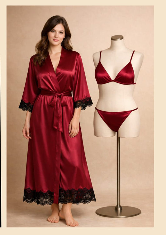 Luxury Satin Silk 3-Piece Nightwear & Robe Set with Delicate Lace Trim