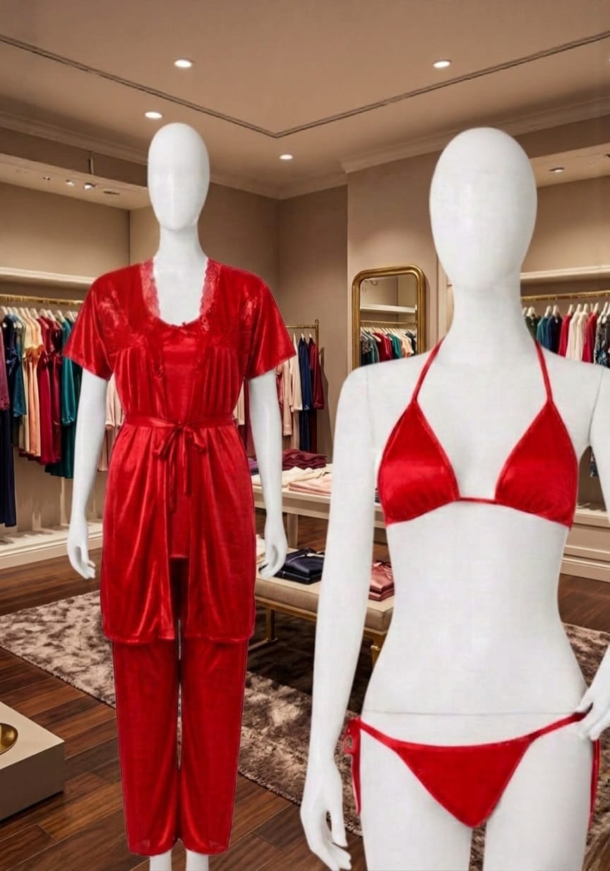 Luxury Satin Silk 5-Piece Nightwear & Bridal Robe Set with Lace Detail