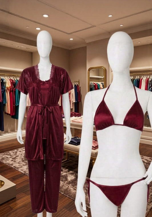 Luxury Satin Silk 5-Piece Nightwear & Bridal Robe Set with Lace Detail
