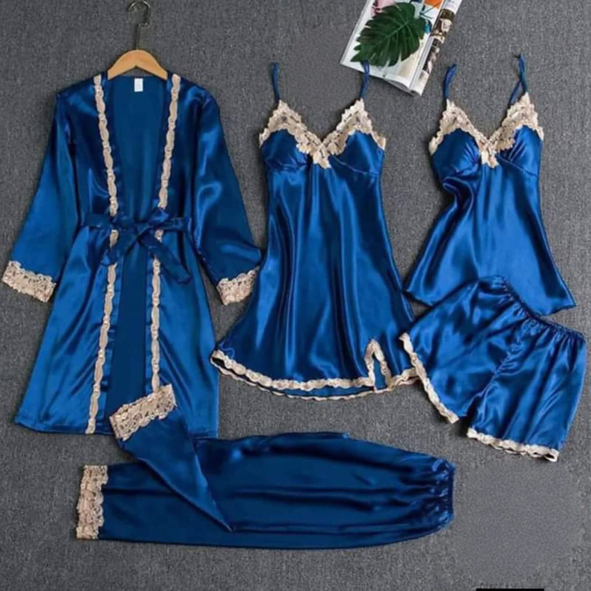 Premium Satin Silk 5-Piece Nightwear & Robe Set with Gold Lace Trim