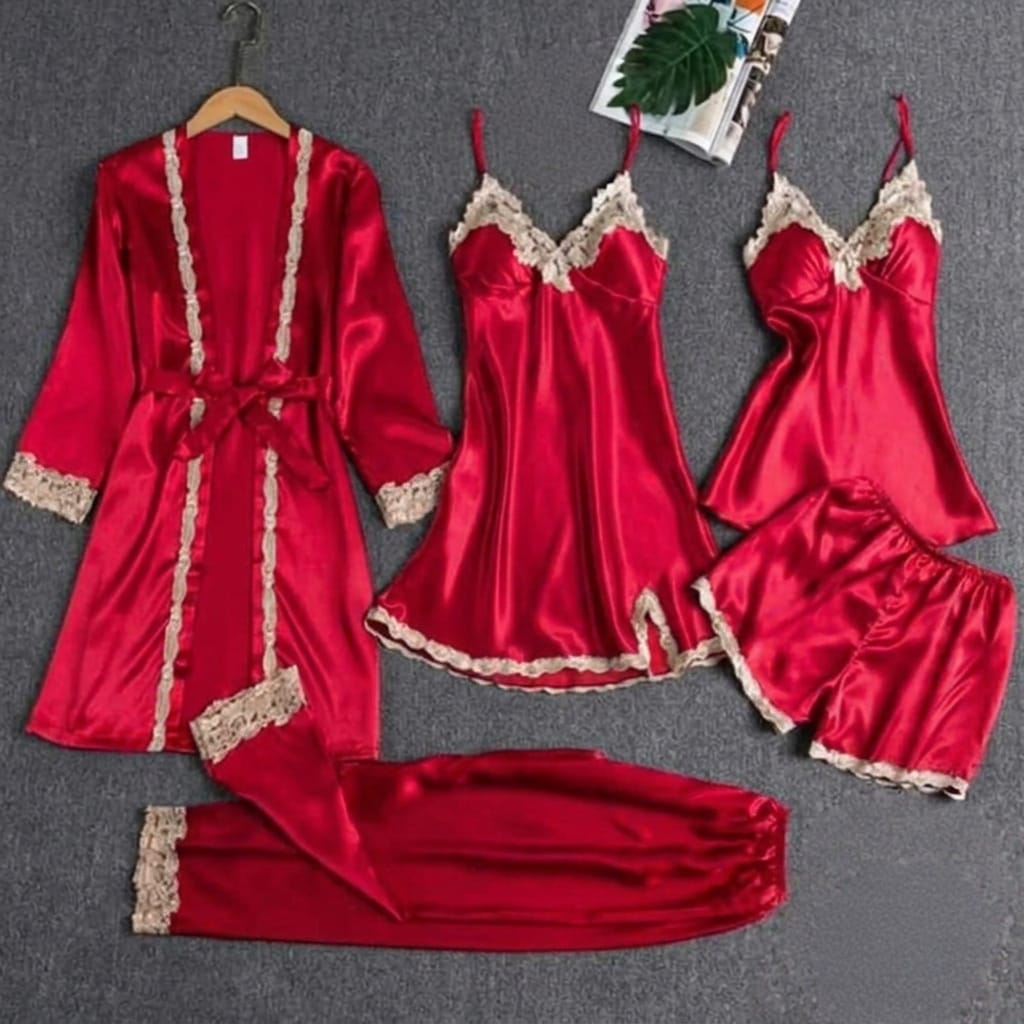 Premium Satin Silk 5-Piece Nightwear & Robe Set with Gold Lace Trim