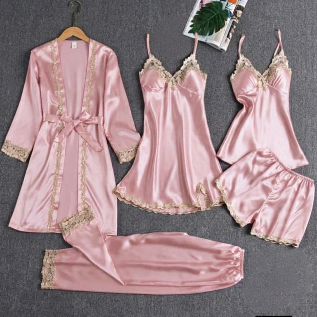 Premium Satin Silk 5-Piece Nightwear & Robe Set with Gold Lace Trim