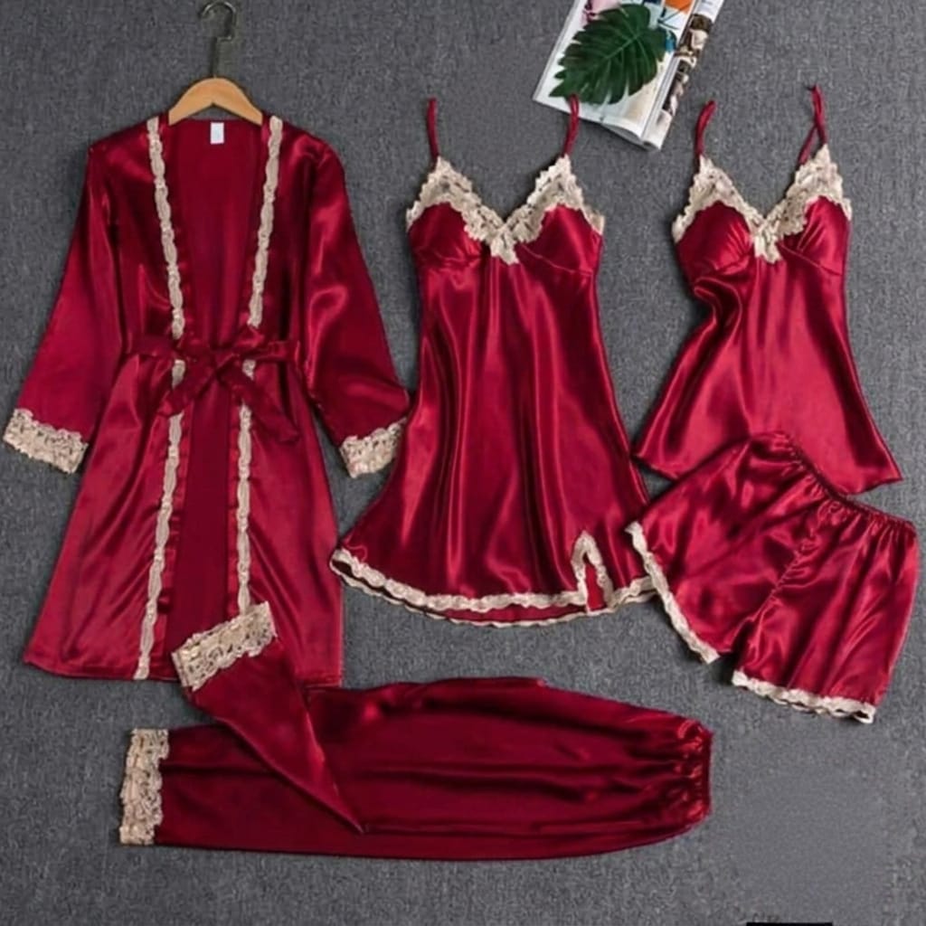 Premium Satin Silk 5-Piece Nightwear & Robe Set with Gold Lace Trim