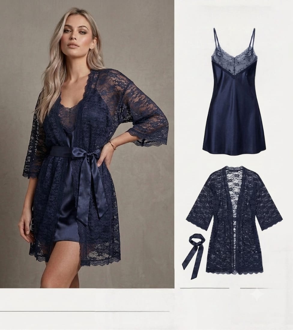 Sensual Satin Silk & Floral Lace 2-Piece Nighty & Robe Set