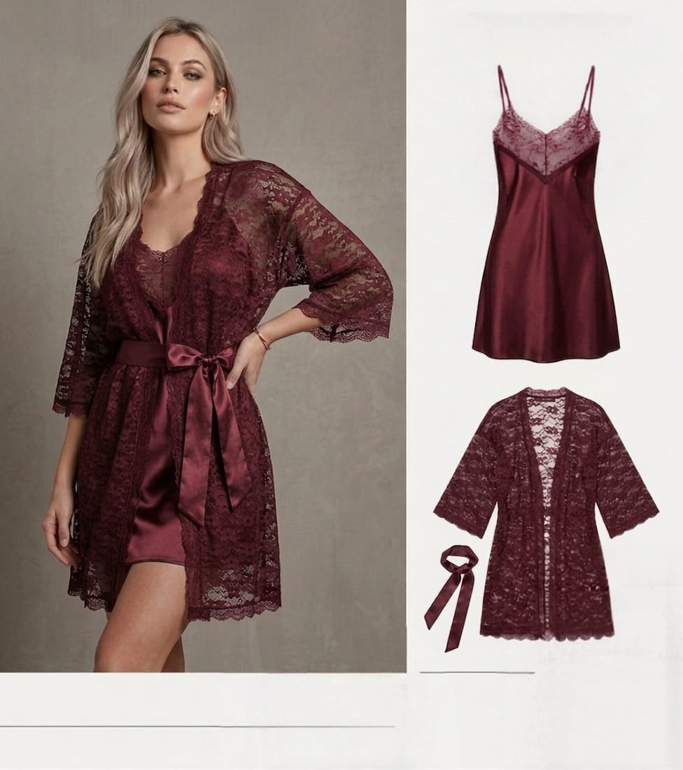 Sensual Satin Silk & Floral Lace 2-Piece Nighty & Robe Set