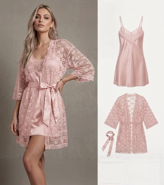 Sensual Satin Silk & Floral Lace 2-Piece Nighty & Robe Set