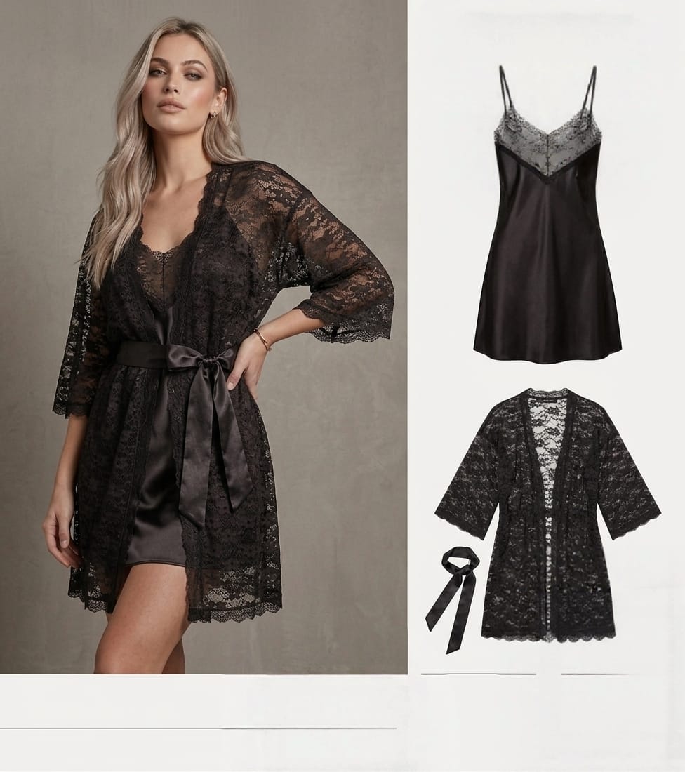 Sensual Satin Silk & Floral Lace 2-Piece Nighty & Robe Set